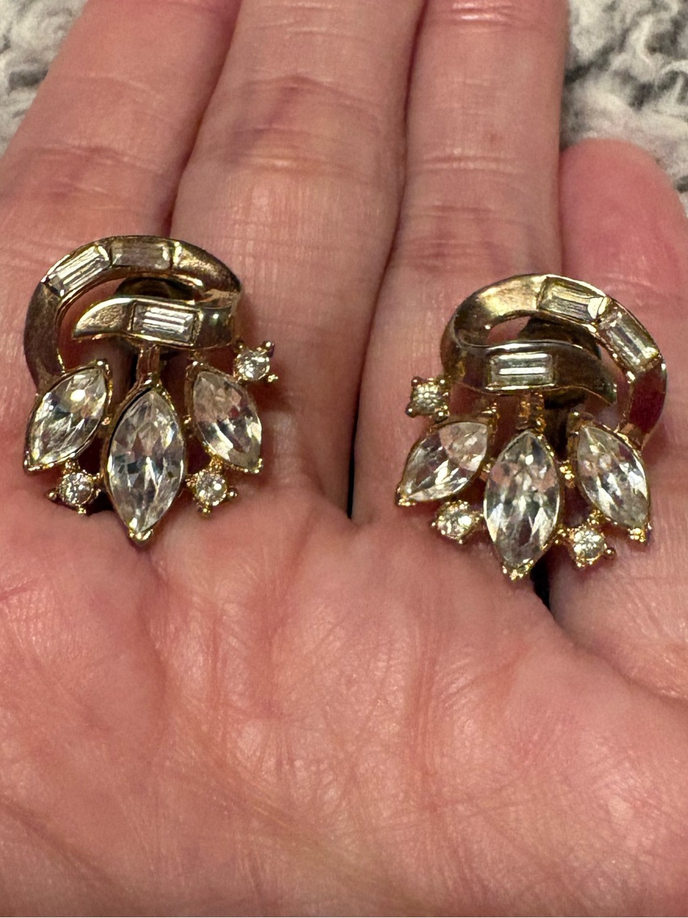 RARE Gold Crystal Cluster Clip-On Earrings - Women Jewelry